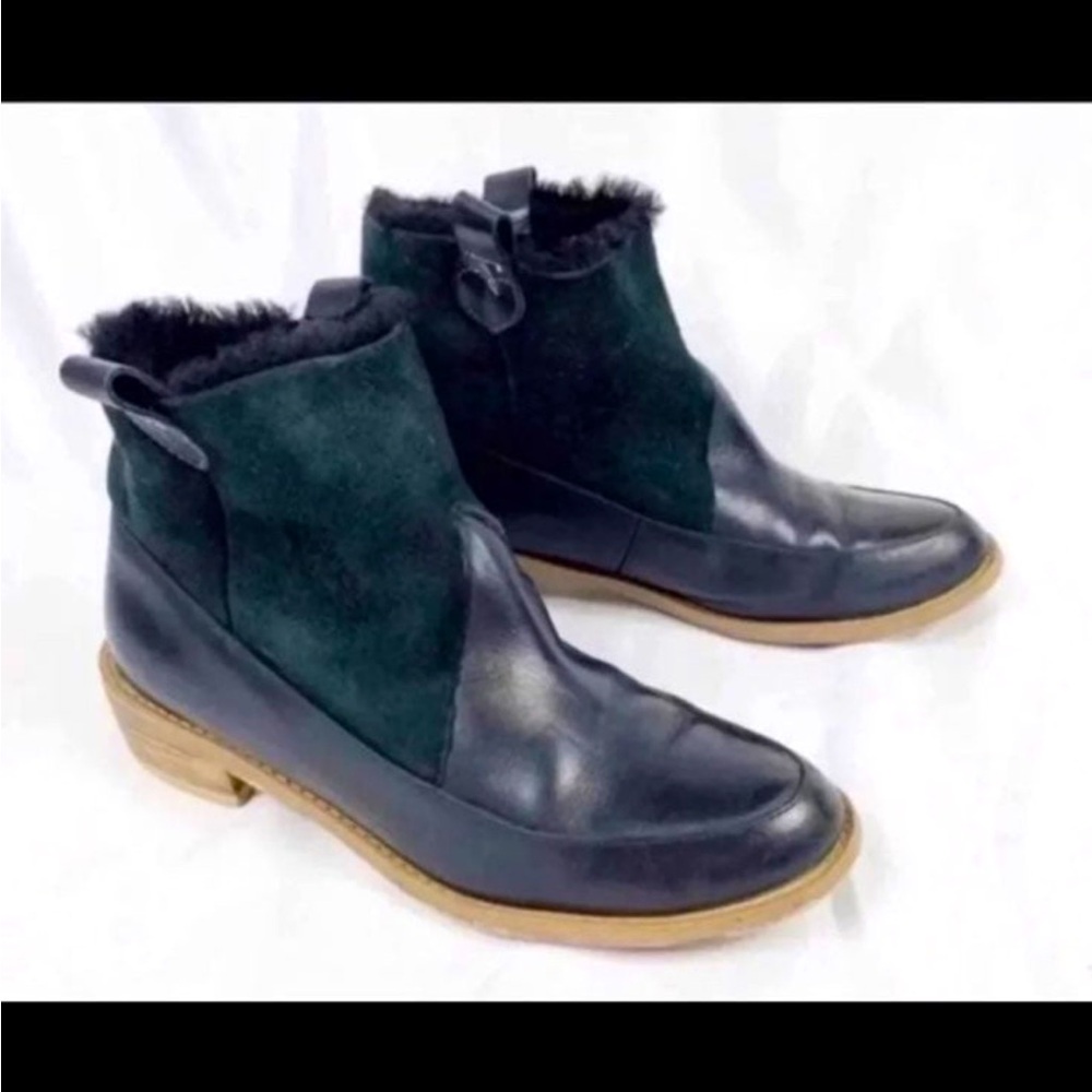 Anthropologie Black Leather and Forest Green Suede Faux Fur Ankle Boots